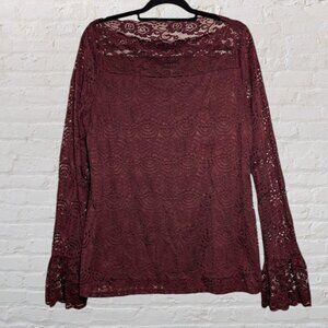 Adiva lace Semi Sheer with Bell Sleeves Top Burgundy XL